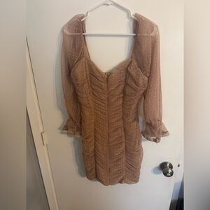 Haute Monde Tan Ruched Mini Dress with Sheer Long Sleeves Size Medium M